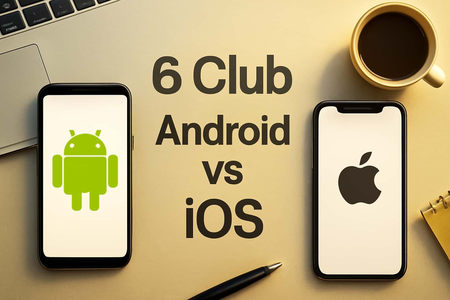 Informational scene depicting the features of 6 Club on Android and iOS.