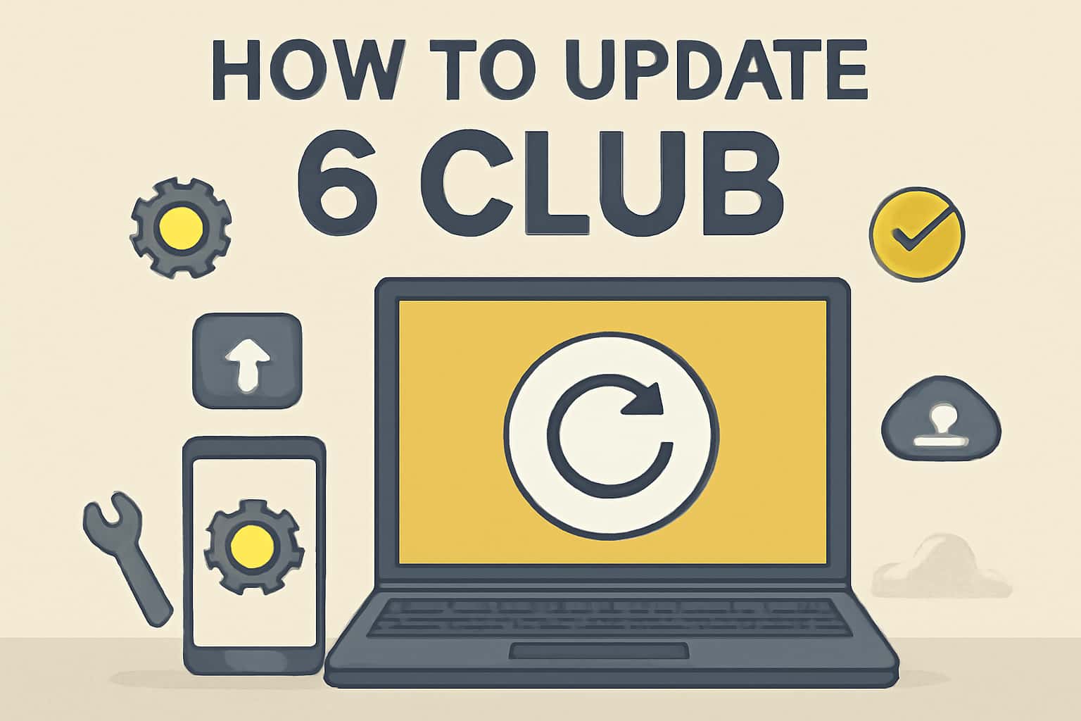 Informational scene depicting the process of updating the 6 Club app.