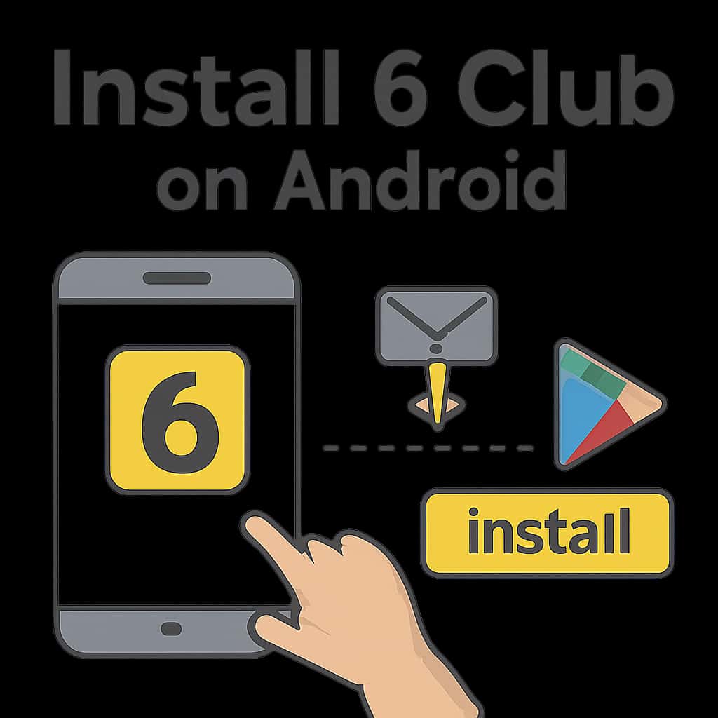 Illustration of installation steps for 6 Club on Android.